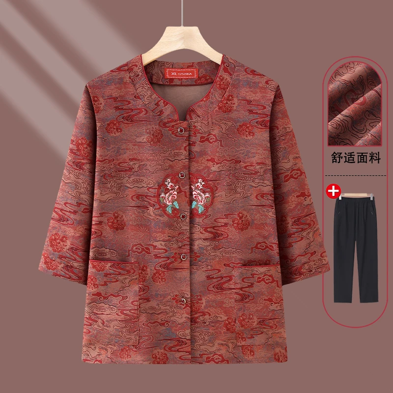 中老年人清凉夏装妈妈装七分袖衬衫老人奶奶装老太太妈妈夏季衣服