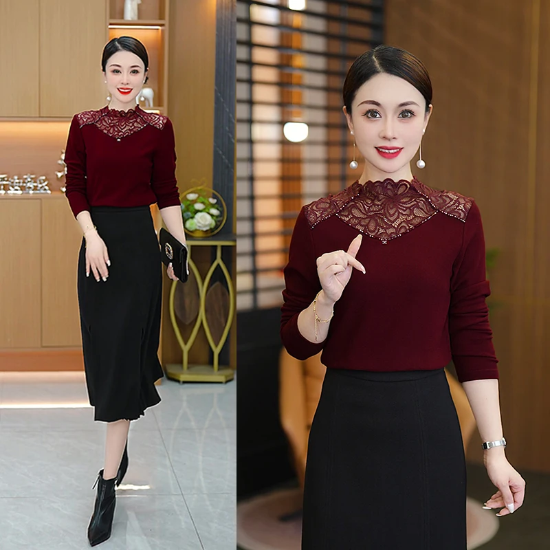 半高领蕾丝拼接长袖打底衫女秋冬时尚洋气小衫百搭修身显瘦上衣商品图