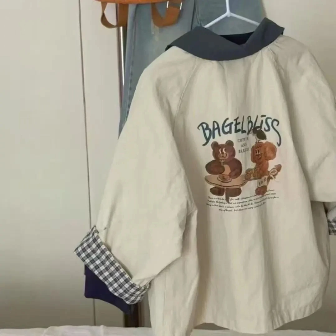 女童韩系两面穿外套儿童洋气卡通印花休闲风衣百搭宽松格子上衣潮