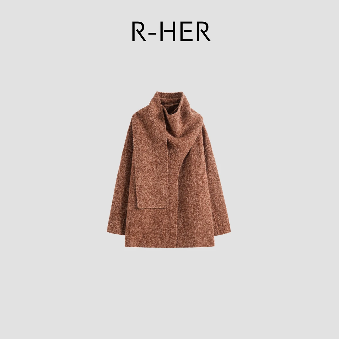 R-HER【旧棕围衫】复古粗呢雪花纹设计感毛呢子外套大衣RC25100114