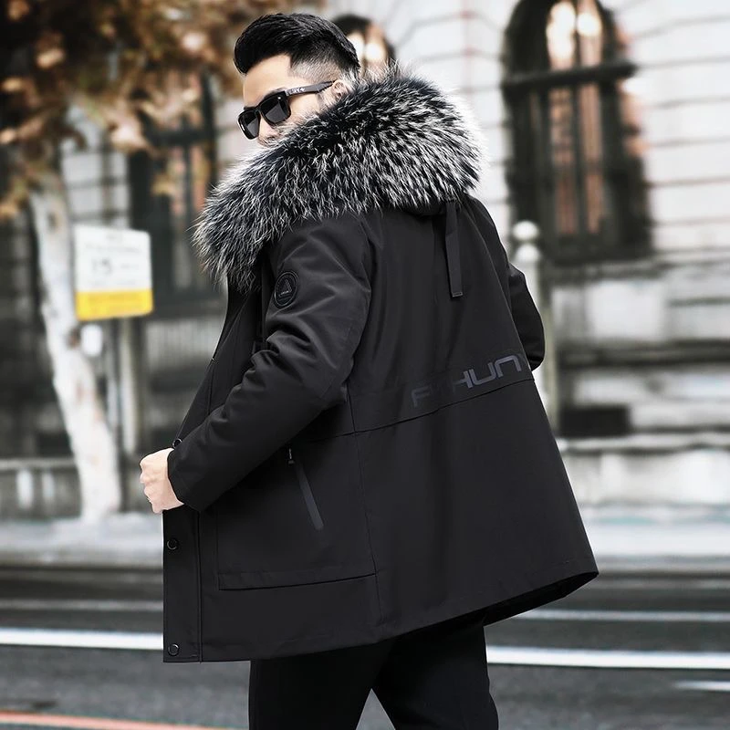 2025新款男士派克服冬季长毛兔毛内胆中长款可拆卸加厚皮毛一体