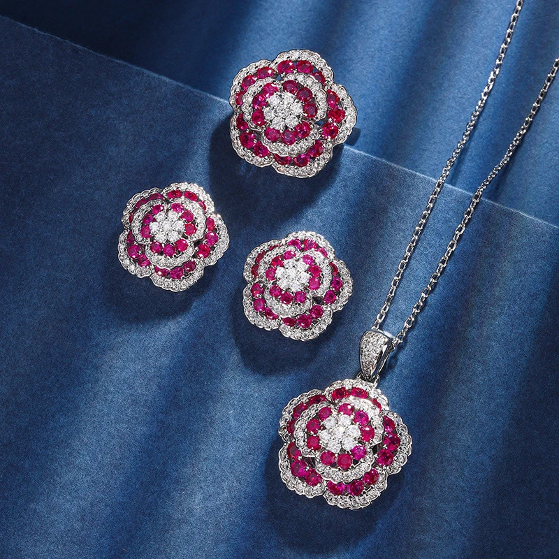 非金属莫桑石戒指 z时尚轻奢百搭镀金镶嵌红彩宝玫瑰花轻豪华满钻