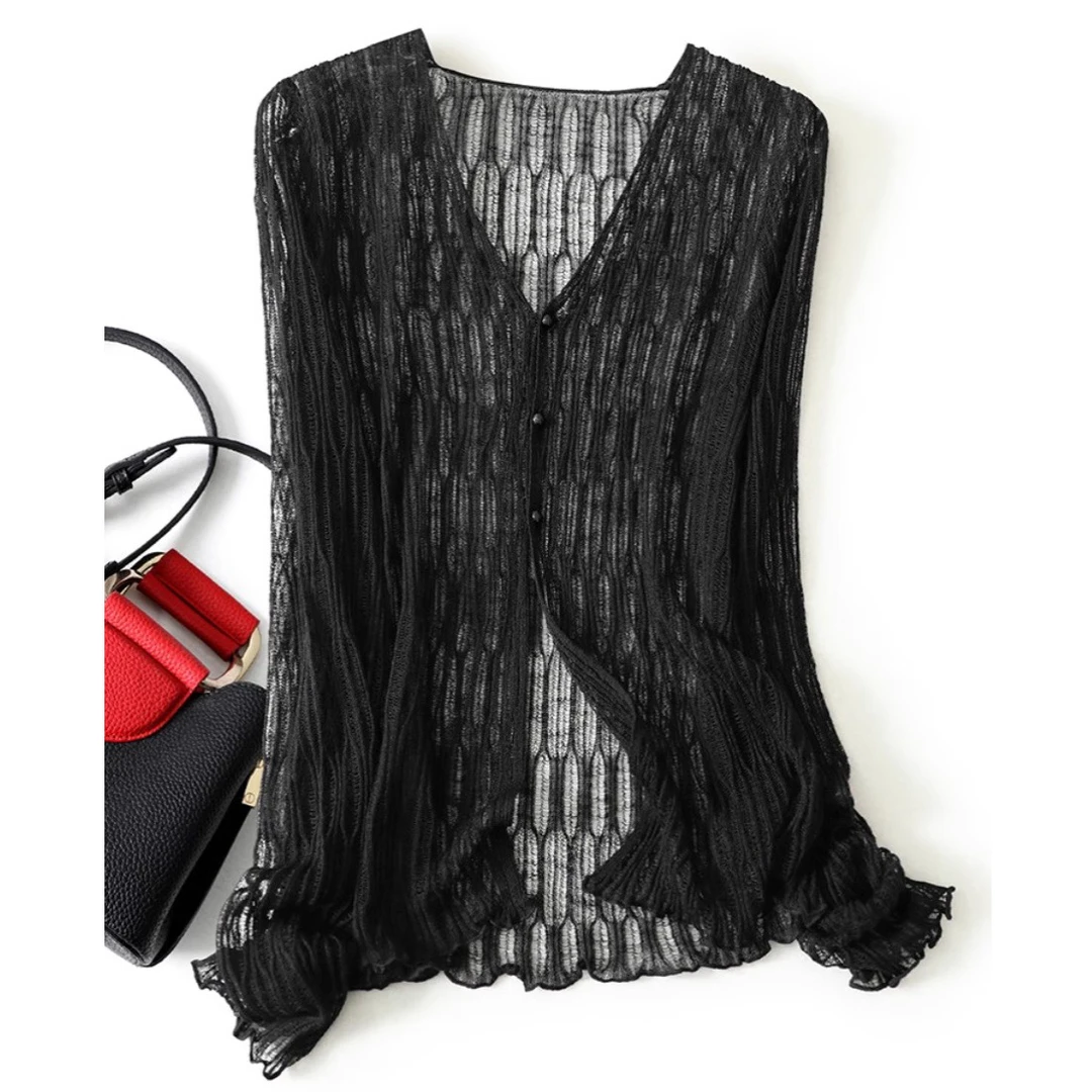 设计感慵懒风黑色冰丝v领镂空罩衫防晒开衫女夏季薄款外搭针织衫