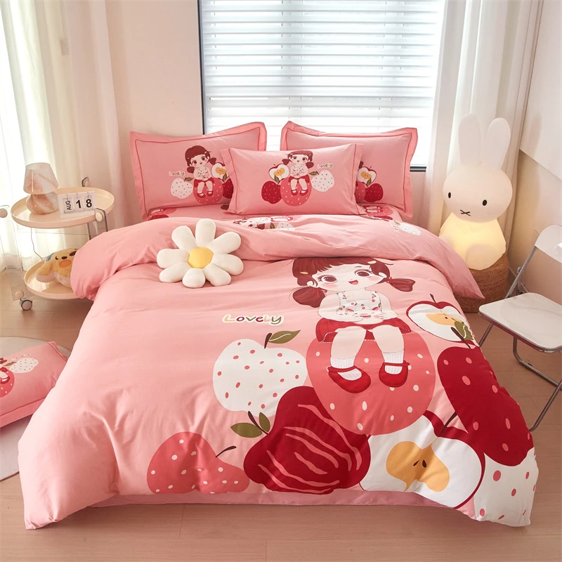 卡通风花卉新款活性全棉印花四件套可爱亲肤纯棉被套床单床上用品