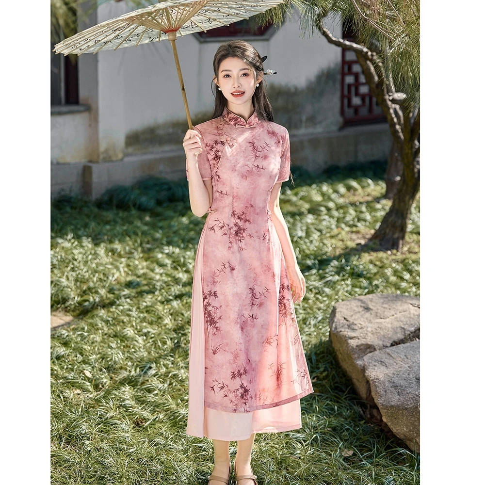 【浅绯竹粉】上上喜新款时尚少女修身日常粉色奥黛旗袍裙