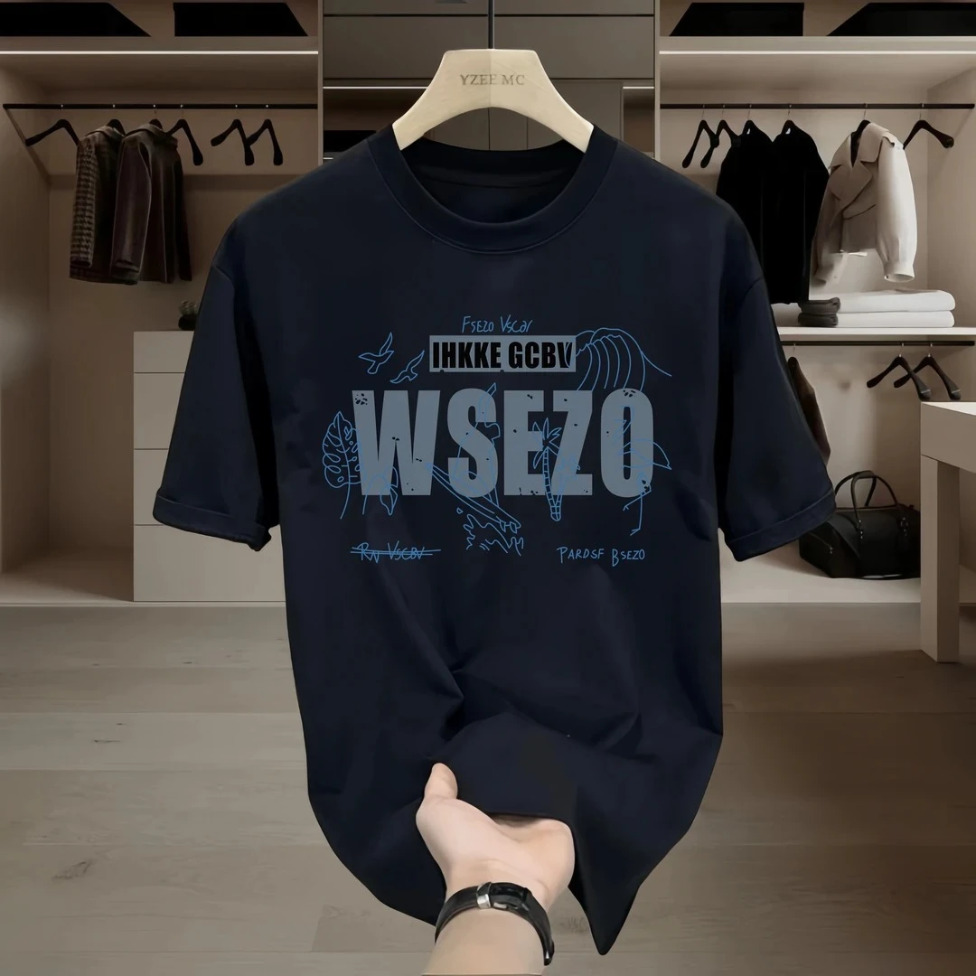 【品质男装】美式痞帅重磅纯棉T恤潮牌印花圆领短袖修身百搭黑色T恤