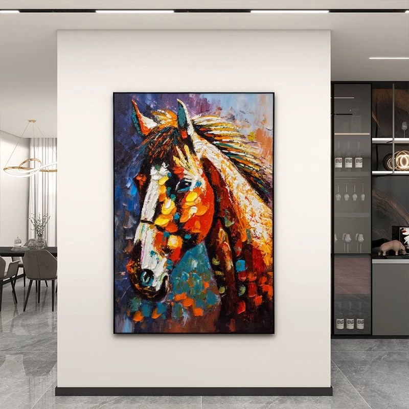YH06现代装饰画时尚油画玄关马铝合金边框立体实物轻奢马