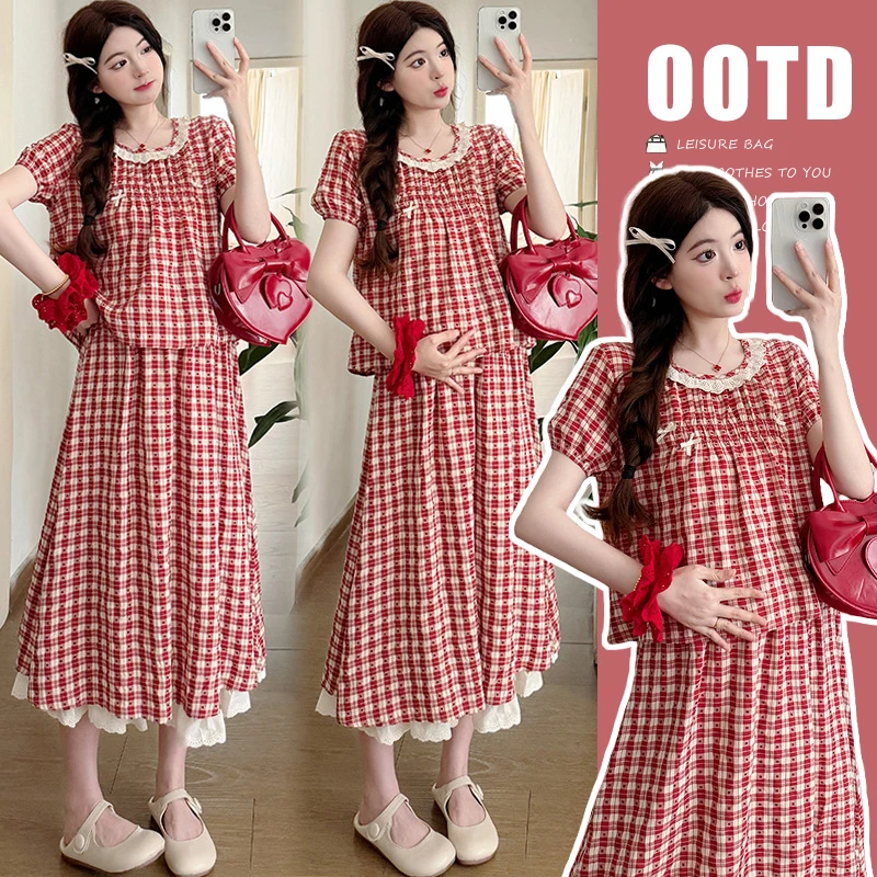 2025夏装套装韩版时尚洋气简约孕妇上衣+半身裙两件套显瘦