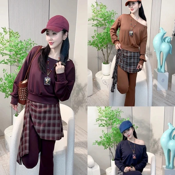 春秋新款时尚一字领卫衣搭配高级感休闲裤套装秋季