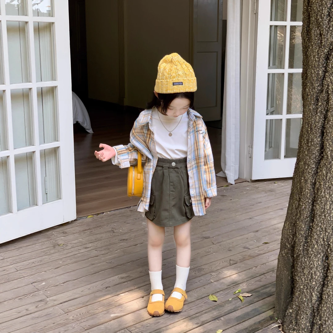 小思家2025秋季新款女童韩版卡通衬衫外套圆领T恤工装半身裙套装