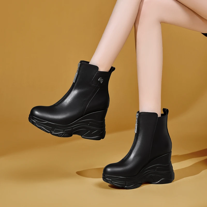 10cm小个子高跟防水台短靴新款前拉链厚底坡跟鞋百搭牛皮秋冬女靴