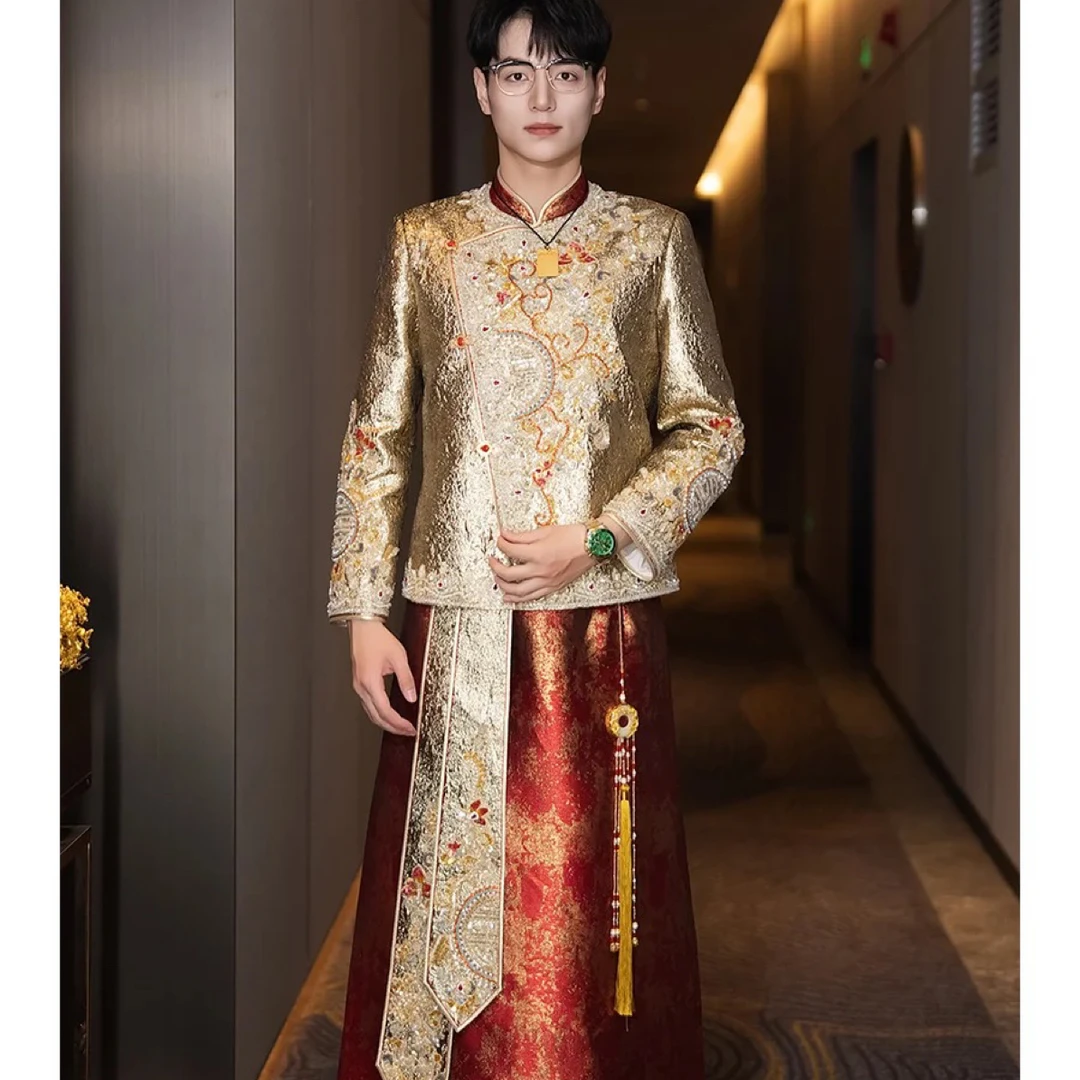 男士秀禾服新郎中式礼服婚礼结婚敬酒服香槟金接亲龙凤褂婚服高端