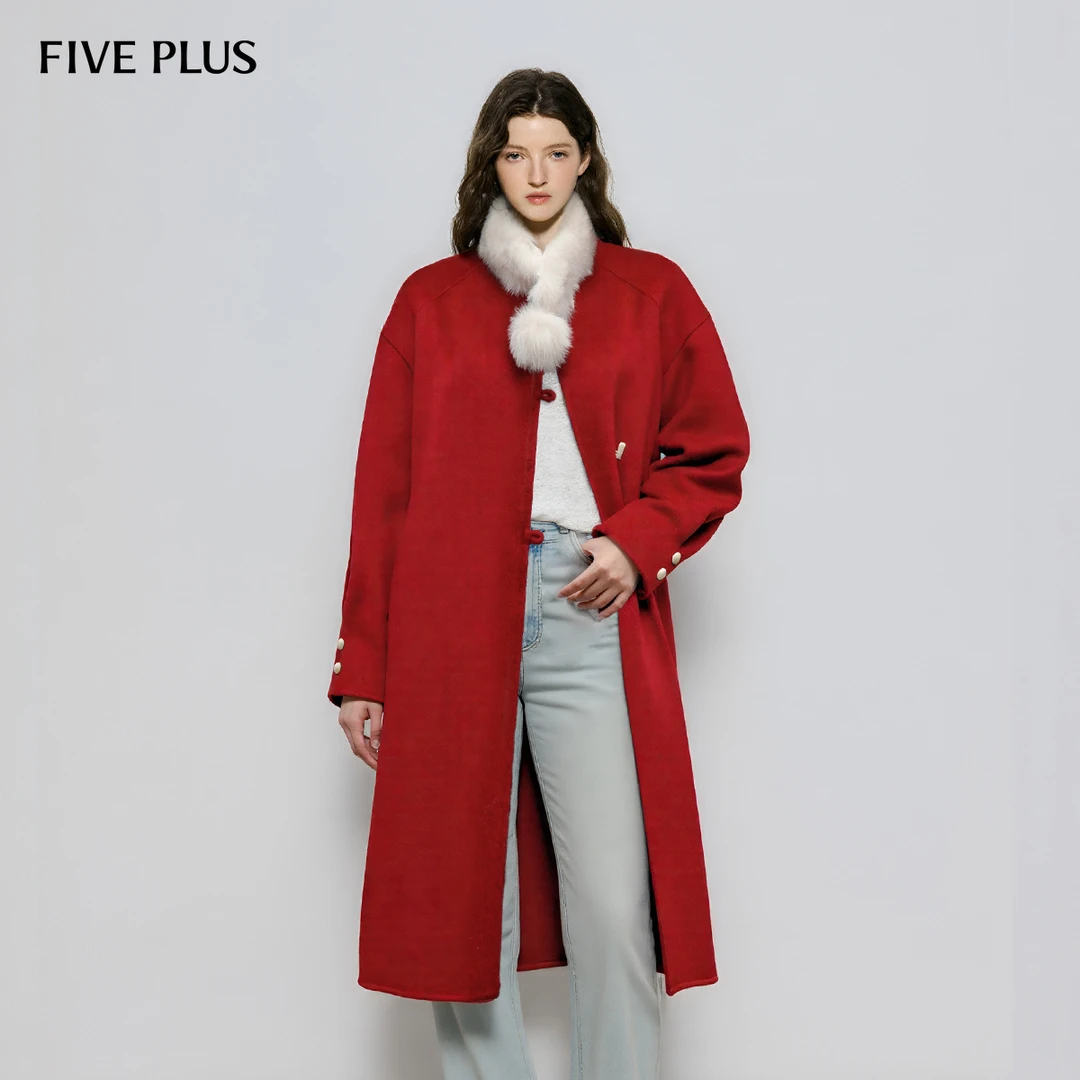 FIVE PLUS呢料可拆卸狐狸毛领过膝羊毛双面呢大衣2SE4340180