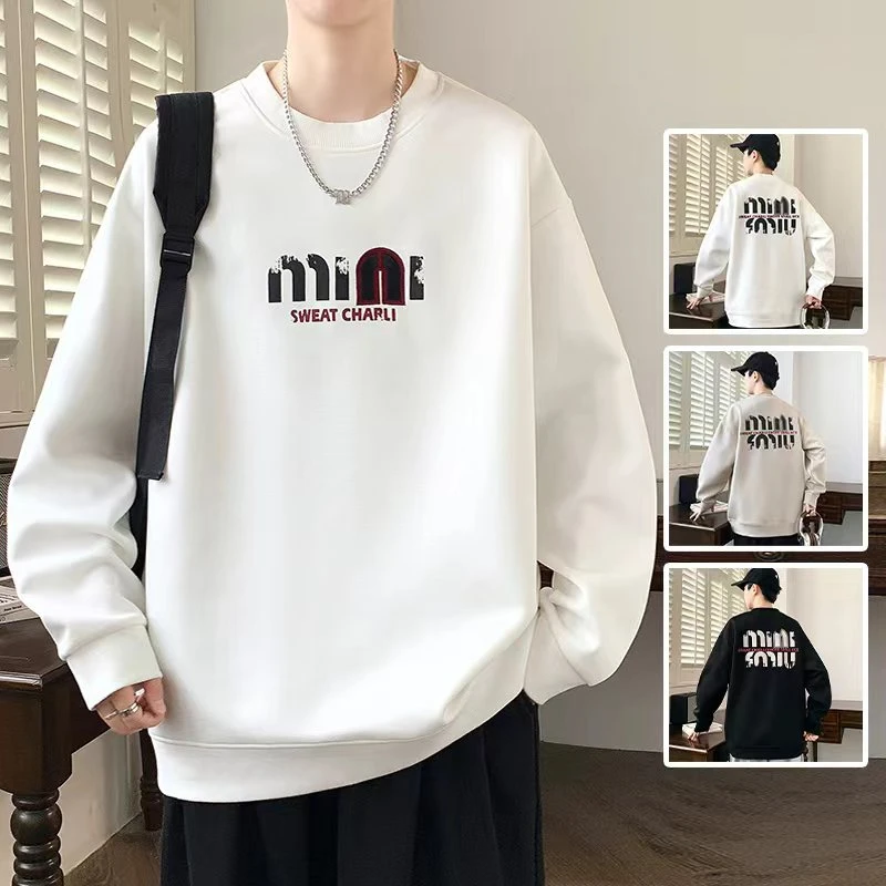 美式圆领卫衣男士春秋季潮牌炸街印花长袖T恤宽松休闲无帽上衣服