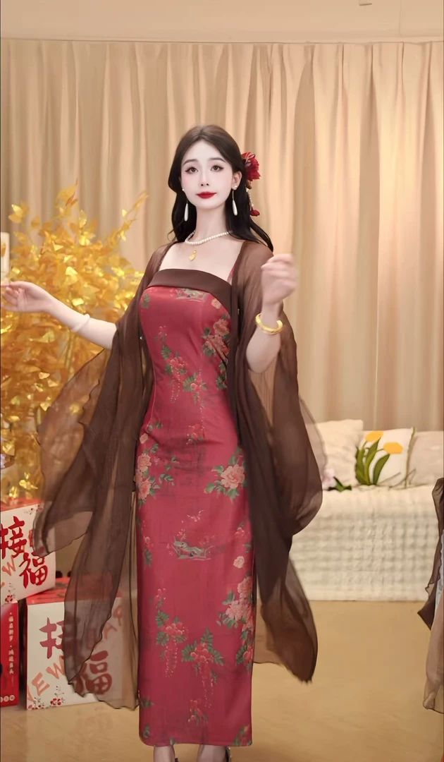 绝版【酥红】新中式挂脖抹胸吊带裙包臀裙小众设计感印花连衣裙