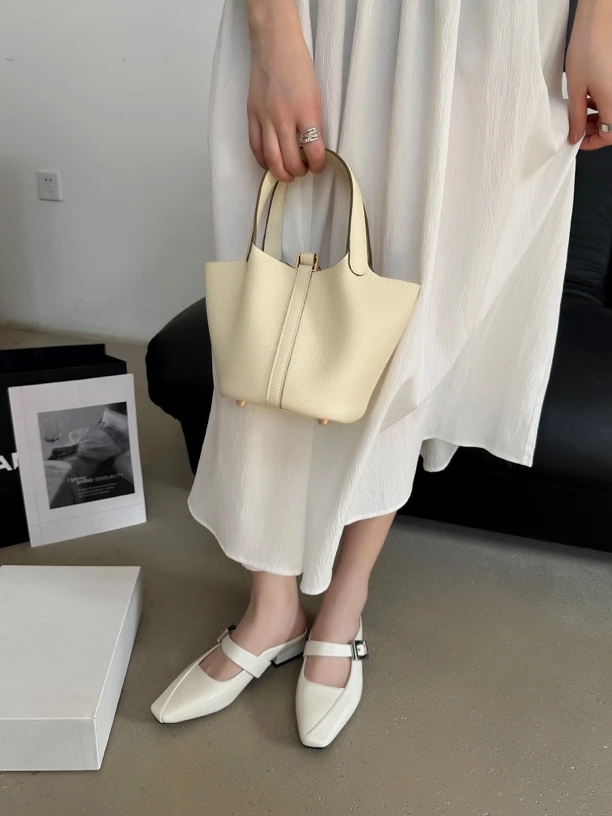 裂纹低跟平底舒适时尚百搭纯色包头软皮面拖法式温柔玛丽珍仙女风