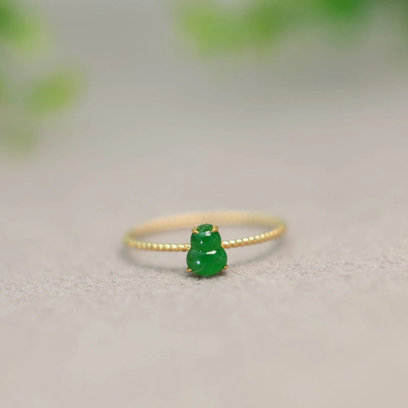 #H902 18K金镶嵌满色辣绿天然A货翡翠葫芦戒指时尚福禄女戒