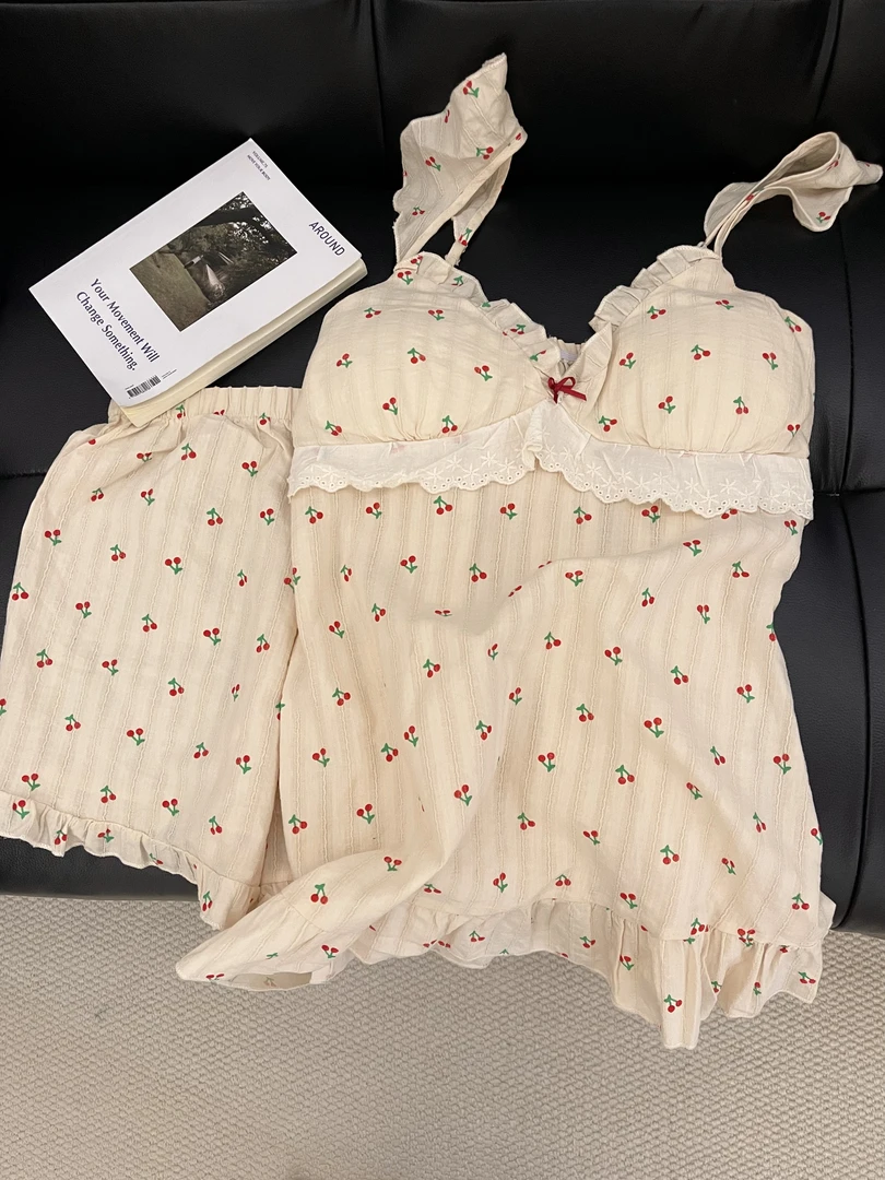 【DMXJ大梦想家】甜美可爱樱桃蕾丝花边睡衣女夏季款透气家居服套装