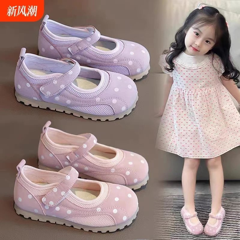女宝皮鞋2025春夏新款芭蕾风公主鞋女童鞋子泡芙波点网鞋女孩洋气