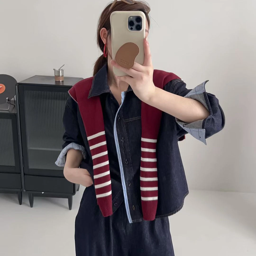 韩系减龄牛仔衬衫外套女秋季宽松针织披肩外搭