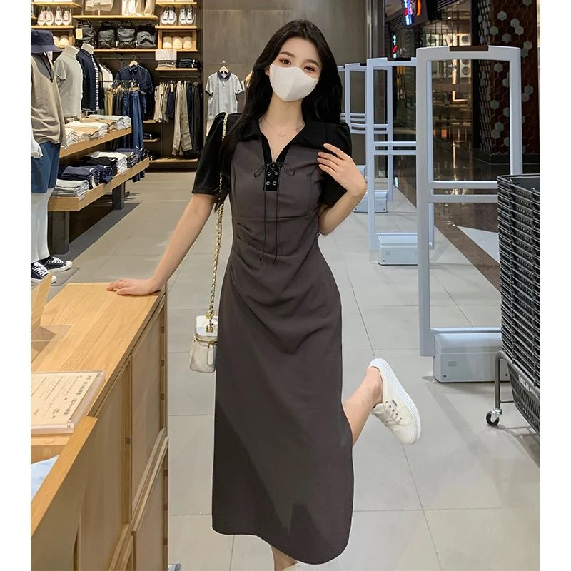 修容裙辣妹炸街polo连衣裙夏季大码胖mm显瘦a字收腰法式开叉长裙