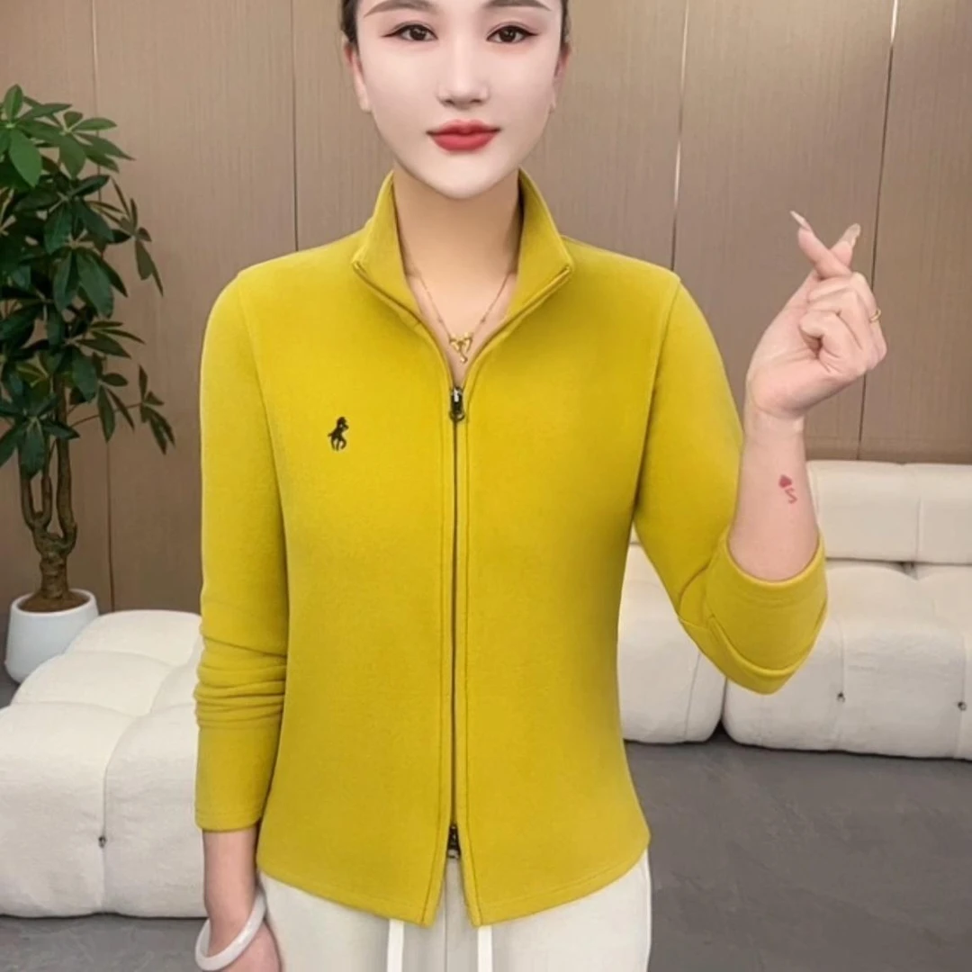 2024春季时尚洋气精选新品拉链半高立领纯色刺绣显瘦上衣