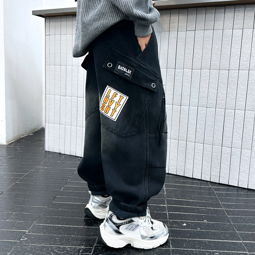 童装男童裤子加绒加厚工装牛仔裤冬款2025新款冬季中大儿童长裤潮