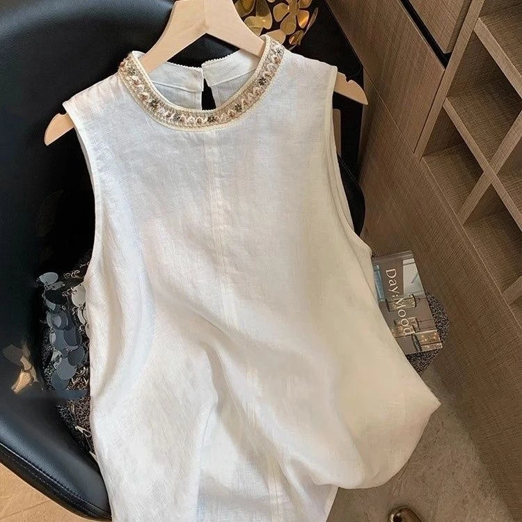 民族风编织钉珠亚麻无袖背心女夏季小众设计感宽松上衣