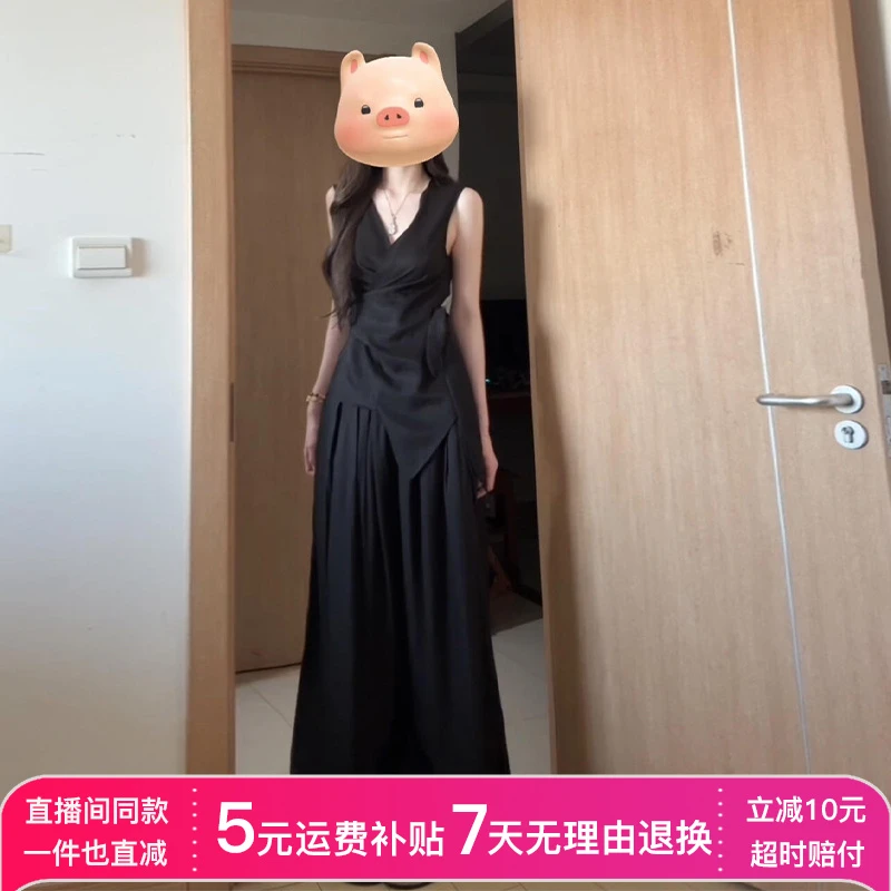 法式气质高级感御姐风穿搭黑色连衣裙子女夏无袖收腰显瘦套装长裙