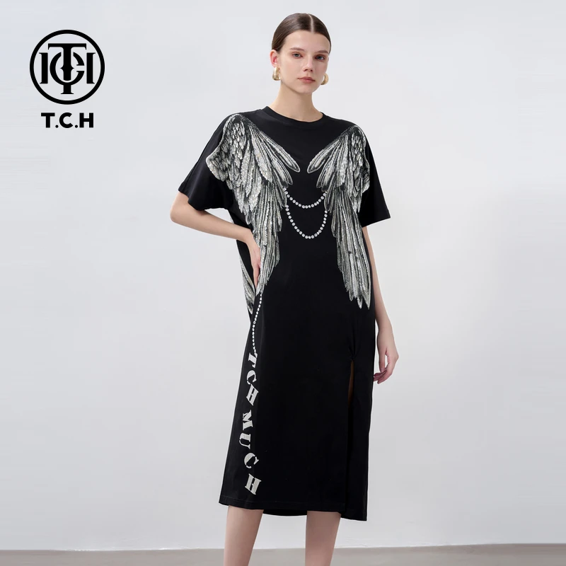TCH轻奢烫钻羽翼珍珠链时尚黑色长裙连衣裙女T72C30E9001私服tch