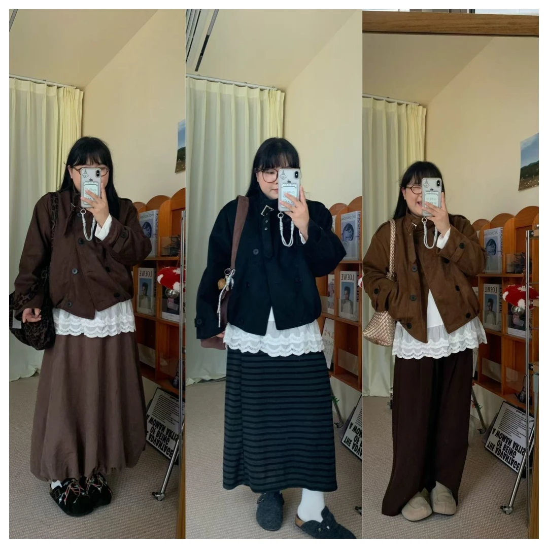 【鱼白又白】复古翻领短款麂皮绒外套女2025秋季新款宽松百搭夹克