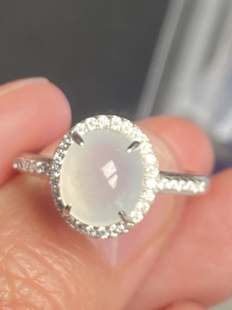 天然缅甸翡翠A货，925银镶嵌白冰戒指