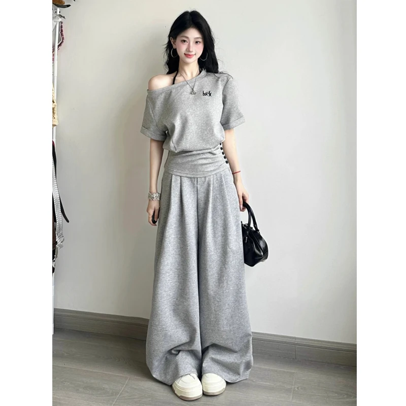 高个子加长版灰色阔腿运动裤女夏季高腰慵懒垂感宽松休闲直筒卫裤