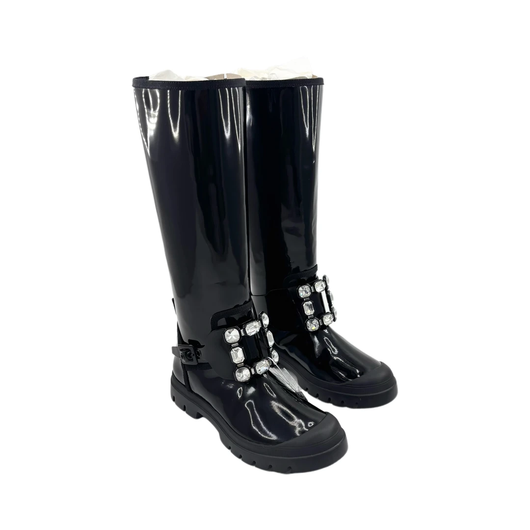 未使用 Roger Vivier/罗杰·维威耶 37码黑色漆皮钻扣长靴TT250951