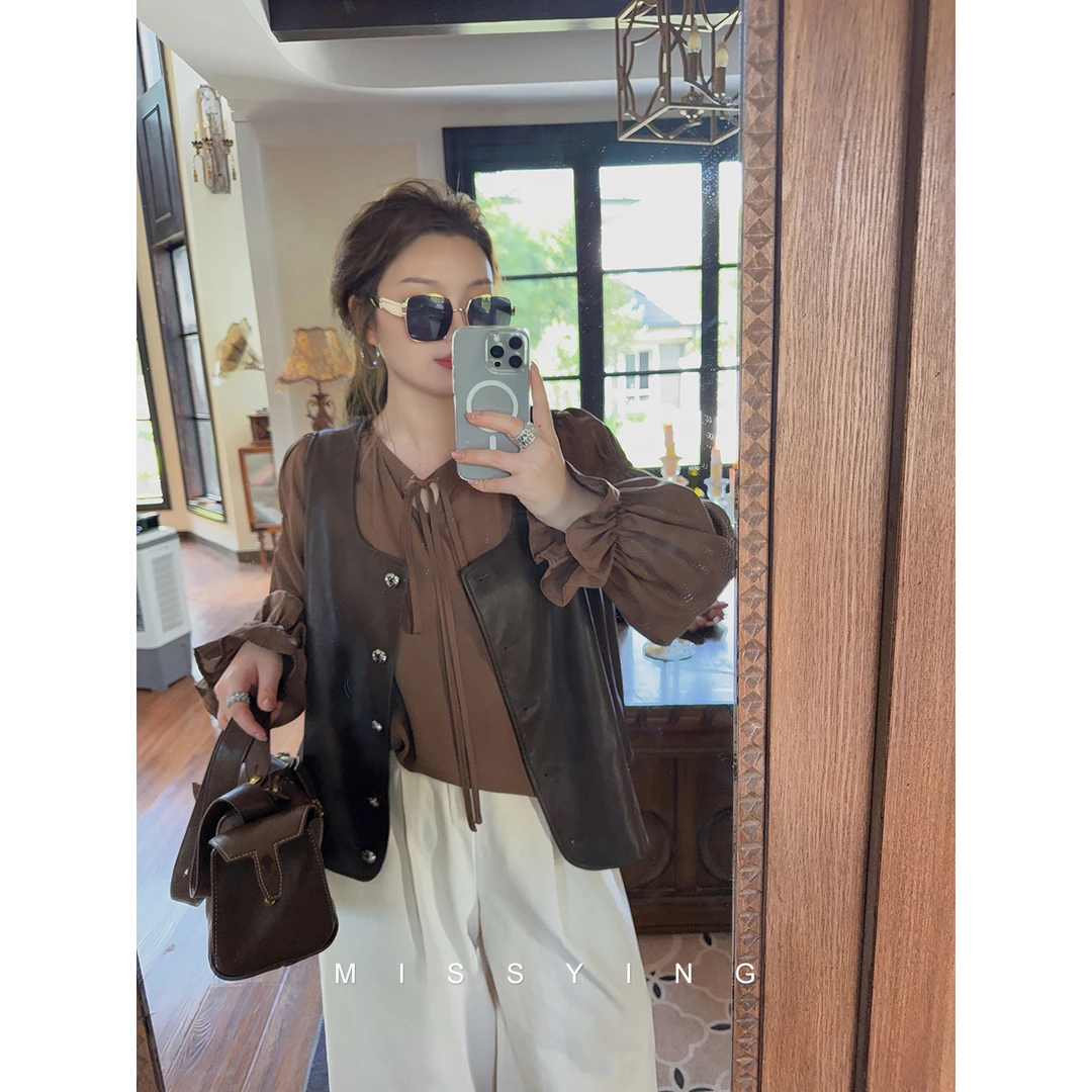 应小姐【焦糖拿铁衬衫】微胖大码秋季韩版显瘦咖色绑带百搭长袖衬衫