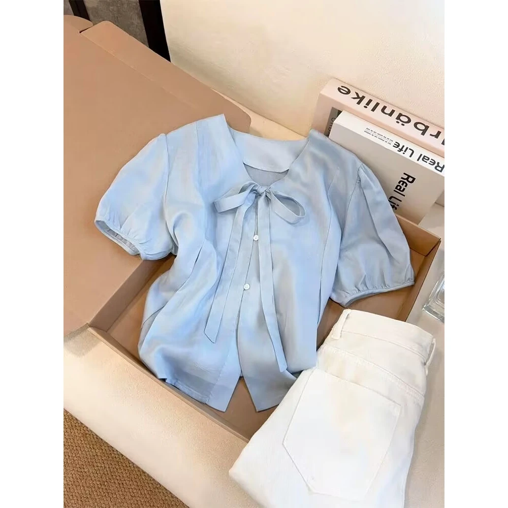 一眼就爱上~温柔小众V领系带蝴蝶结短袖衬衫女夏季新款韩系上衣新