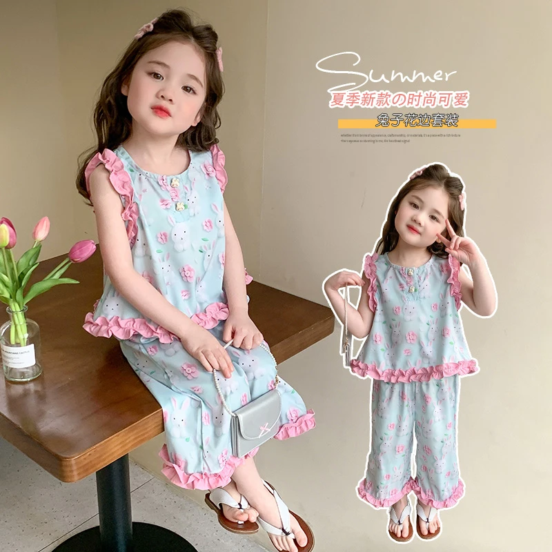 女童碎花无袖套装洋气儿童夏季新款女宝宝阔腿裤两件套小女孩时髦