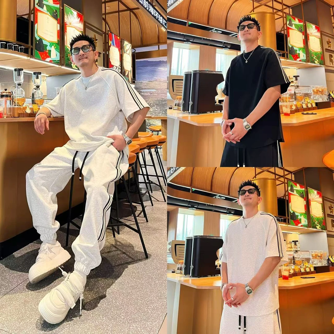 美式复古休闲个性潮流时尚侧条纹帅气宽松短袖T恤松紧腰束脚裤