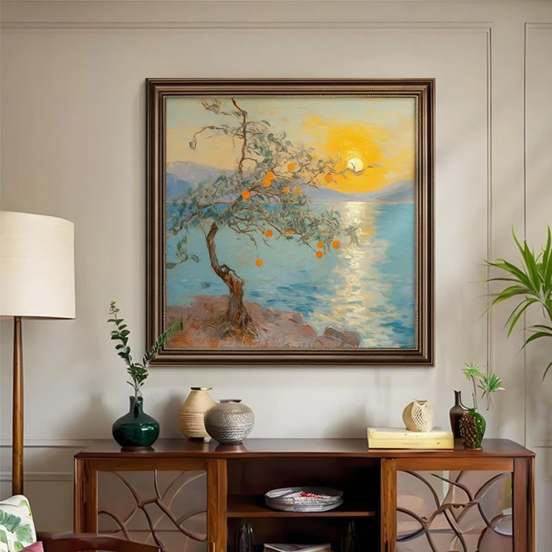 大芬村油画美式复古玄关装饰画轻奢高级感柿柿如意挂画餐厅壁画