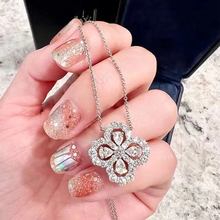 坠链均925银 四叶草项链女纯银轻奢小众高级感满钻花朵锁骨链饰品