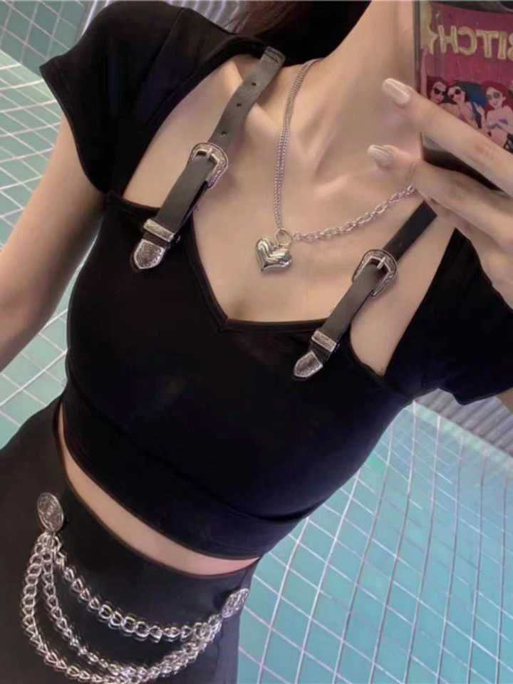 2025夏季新款港风女装暗黑系个性时尚镂空肩带修身短袖T恤上衣女