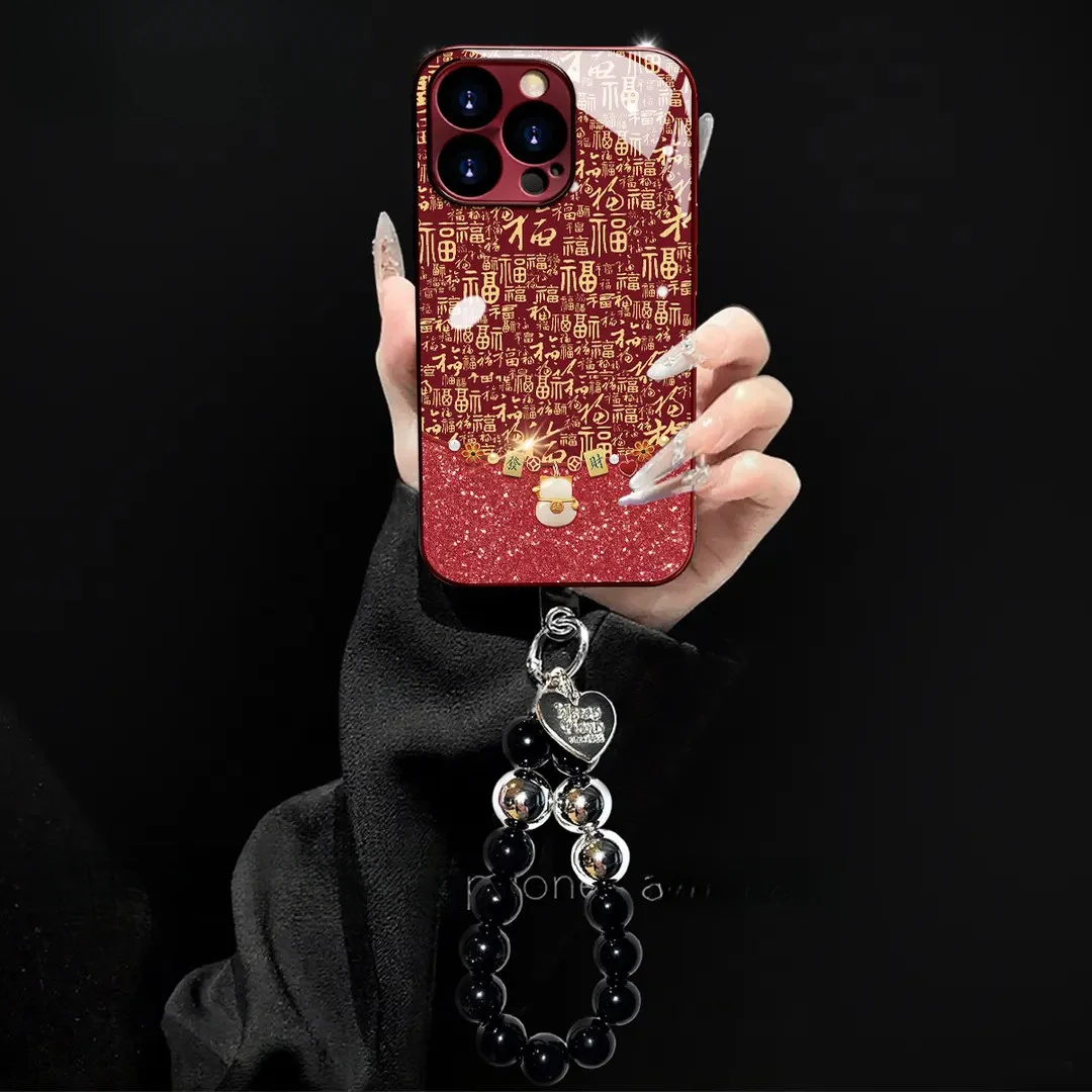 酒红电镀玻璃百福图拼接适用苹果oppo华为vivo小米手链手机壳