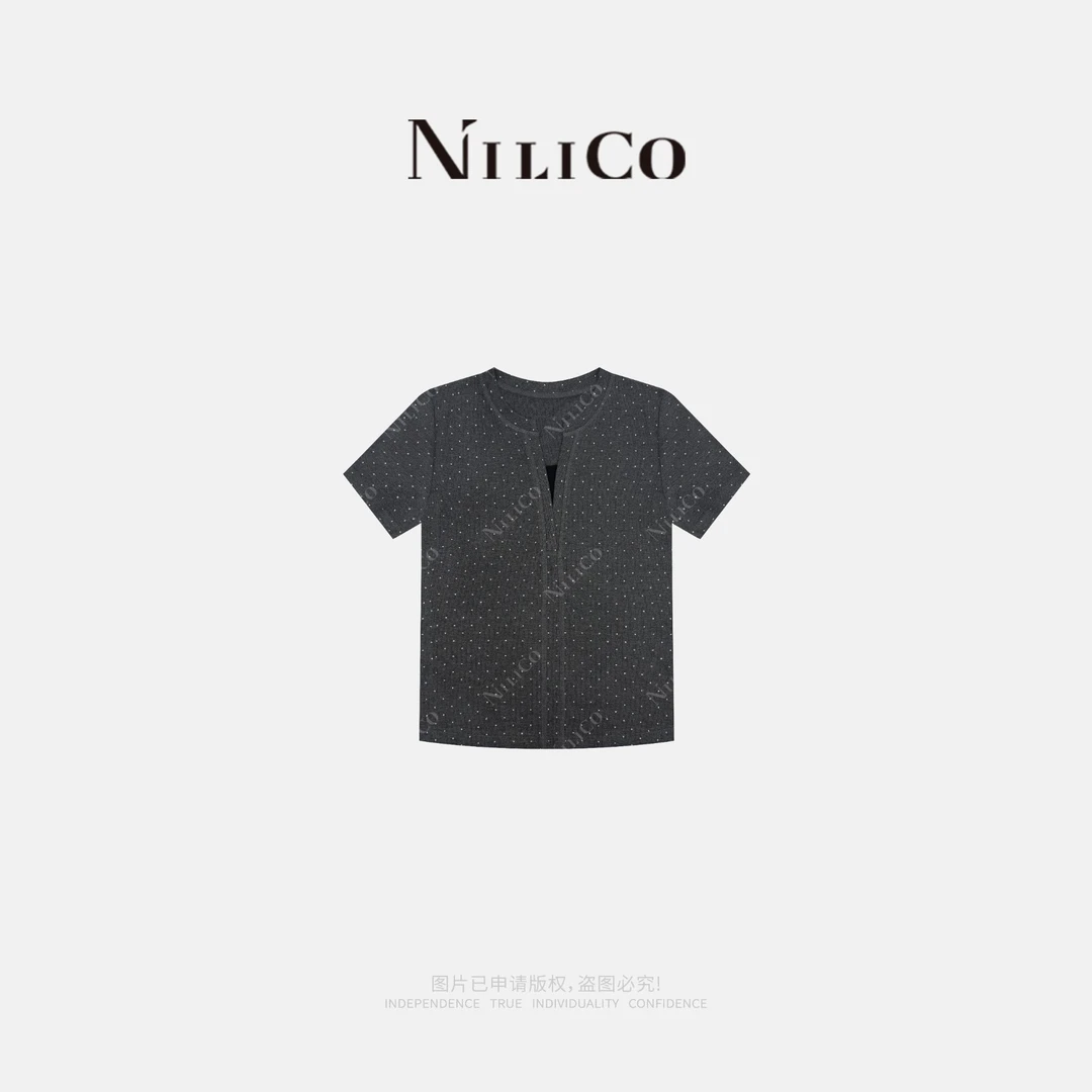 NILICO【星辰】复古闪银印花明线亨利领短袖显瘦修身T恤