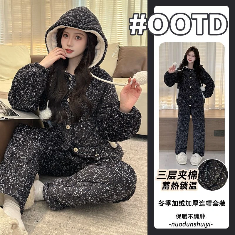 新款珊瑚绒2025冬季海岛绒睡衣女三层夹棉加绒加厚卡通家居服外穿