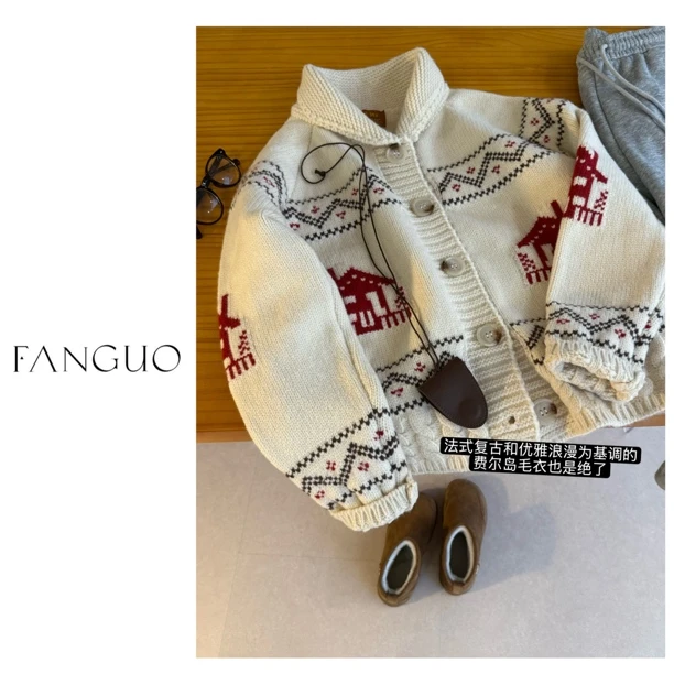 callmeba*y  青稞领提花复古费尔岛加厚羊毛毛衣外套开衫女B5634