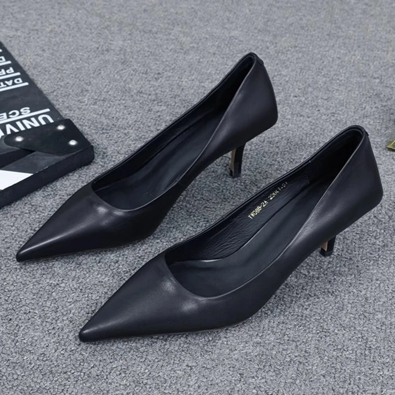 软皮鞋细跟时尚职业工作鞋女中跟黑色百搭高跟单鞋女2025新款春夏