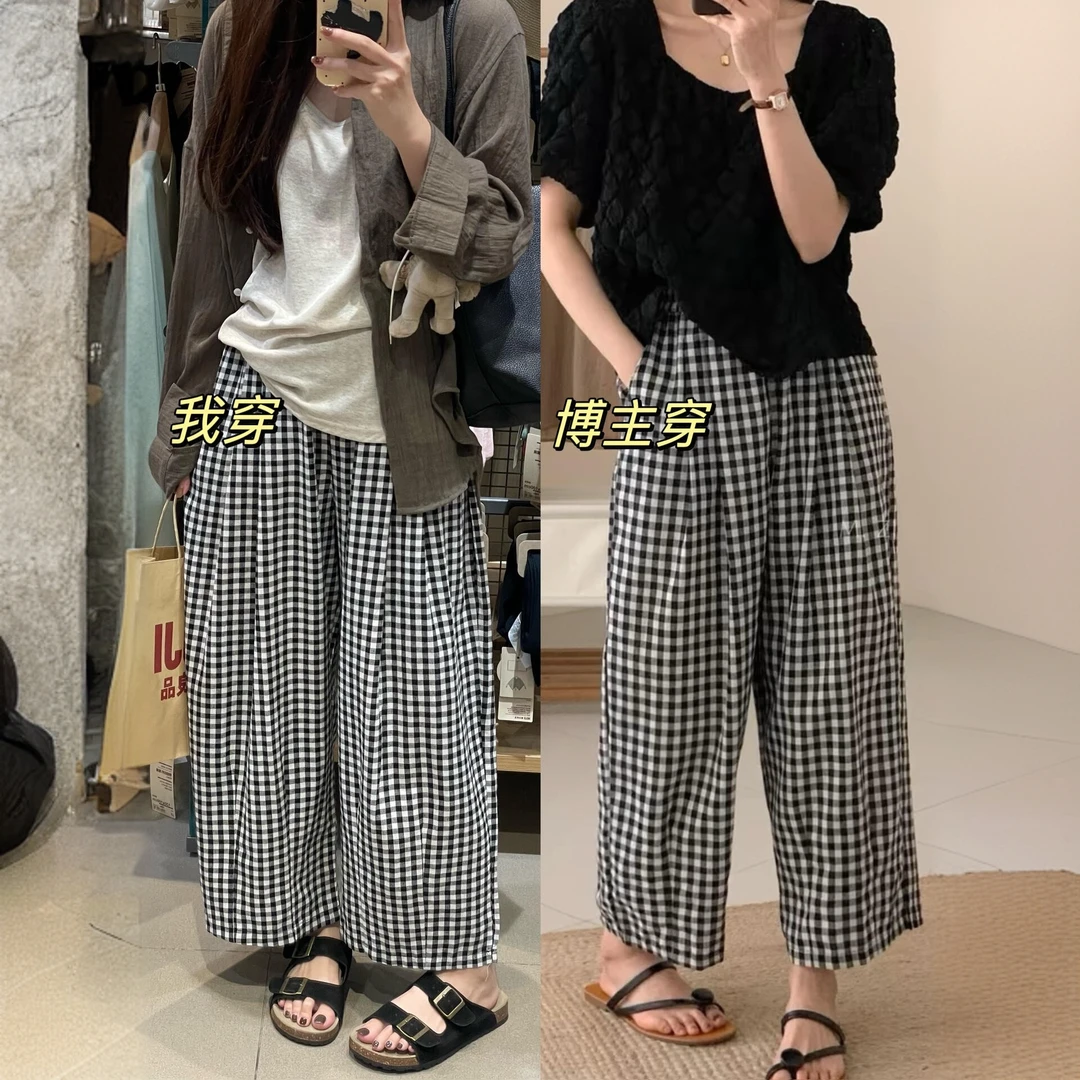 日系格子冰丝阔腿裤女夏季新款宽松显瘦休闲裤慵懒风九分奶奶裤子