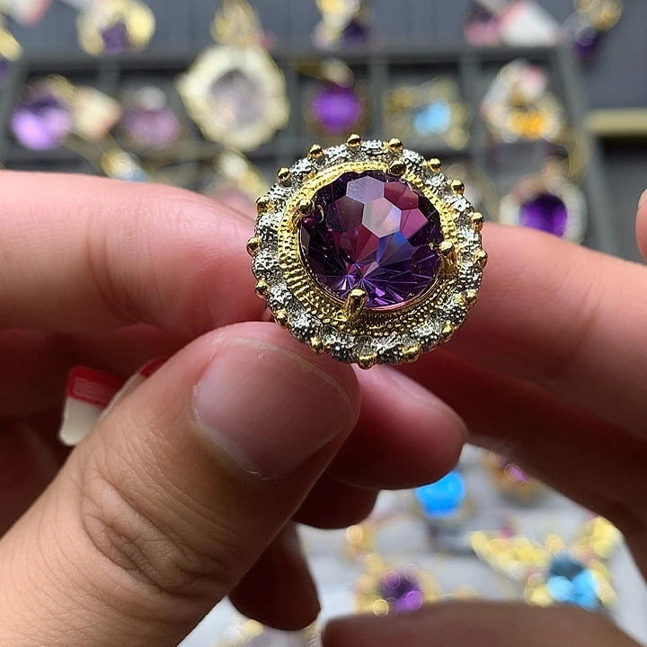 戒指银S925镀金镶嵌水晶