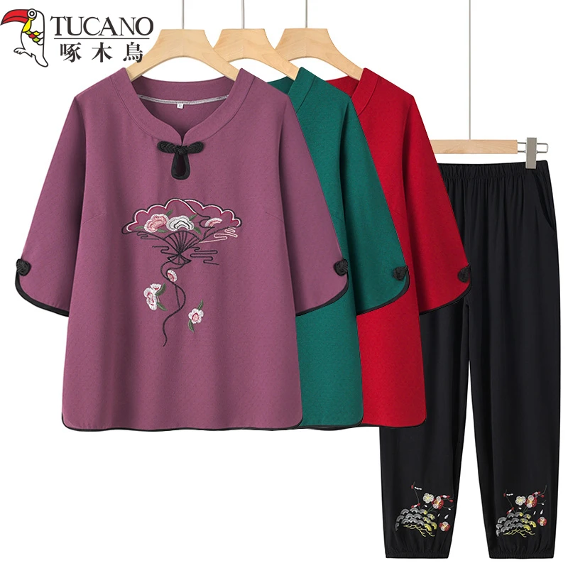啄木鸟奶奶夏季薄款短袖T恤女中老年妈妈国风开衫上衣裤子两件套