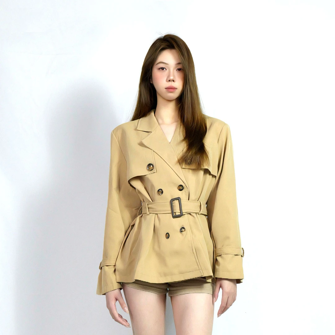 【BY3 SHOP】美式辣妹卡其色廓形双排扣中长款风衣秋冬感外套女